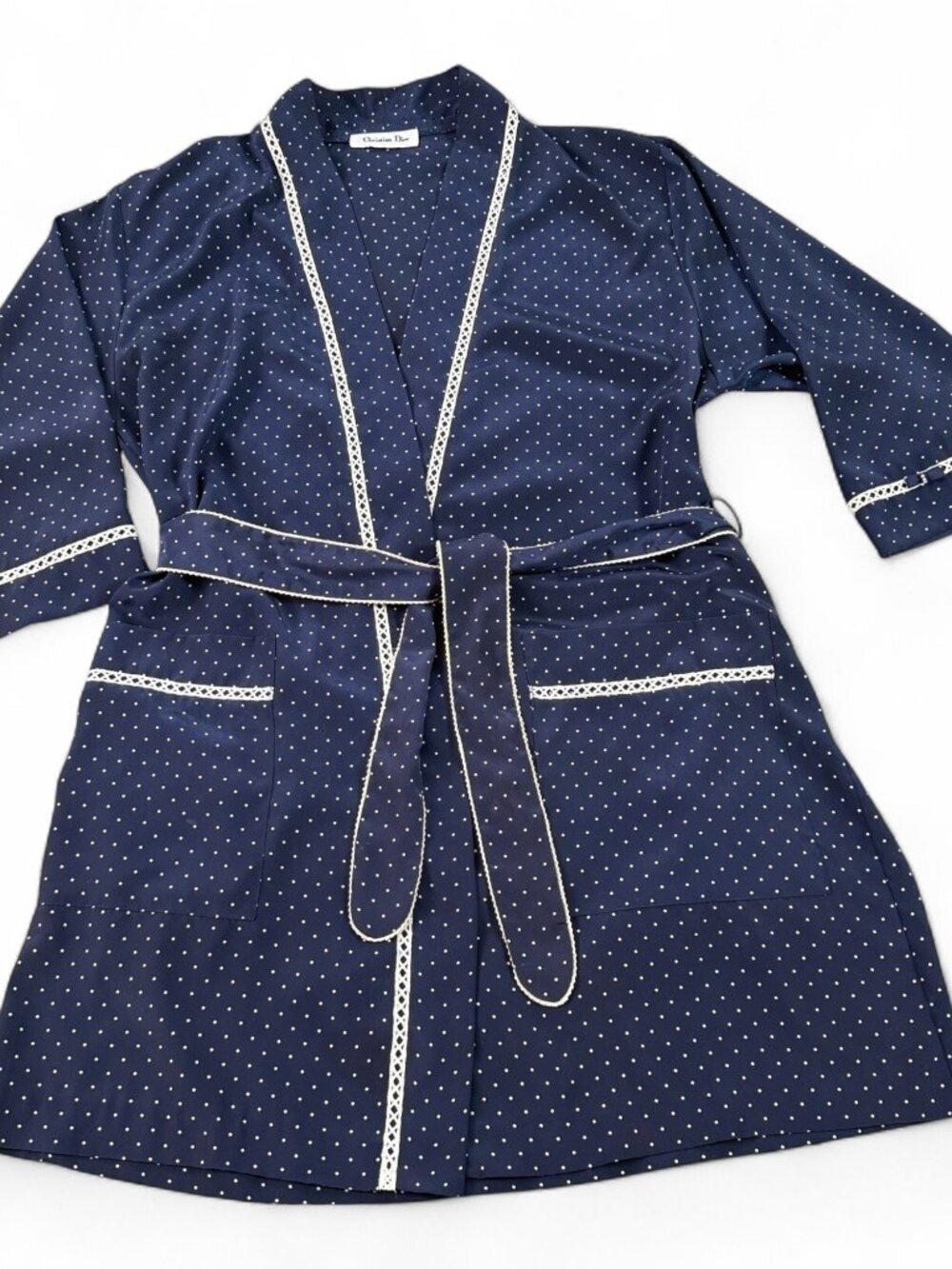 Christian Dior Vintage Kimono Robe Blue Polka Dot Lace Trim One Size